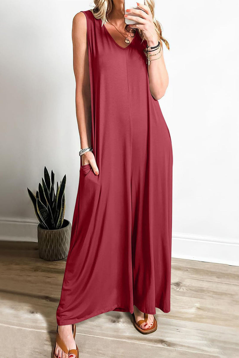 V Neck Pocket Wide Leg Jumpsuits