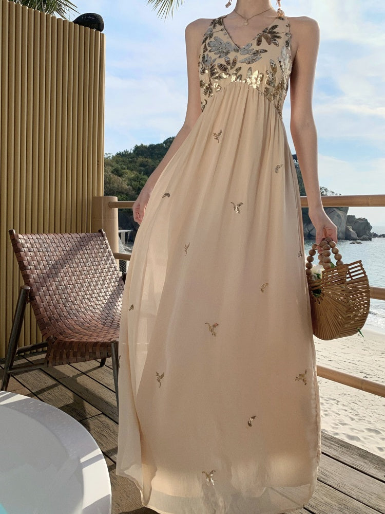 Sparkly French Halter Maxi Dress Backless Gown for Beach Vacay