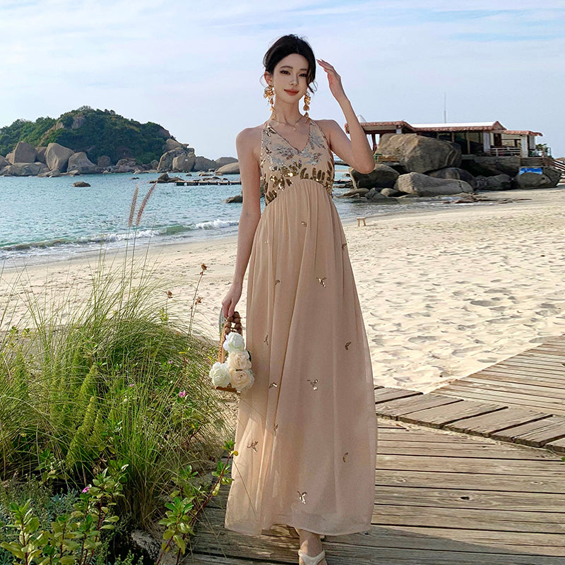 Sparkly French Halter Maxi Dress Backless Gown for Beach Vacay