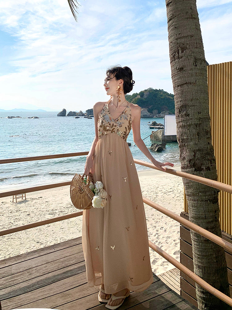 Sparkly French Halter Maxi Dress Backless Gown for Beach Vacay