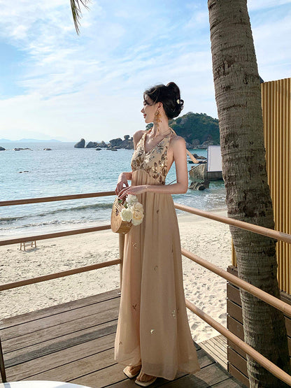 Sparkly French Halter Maxi Dress Backless Gown for Beach Vacay