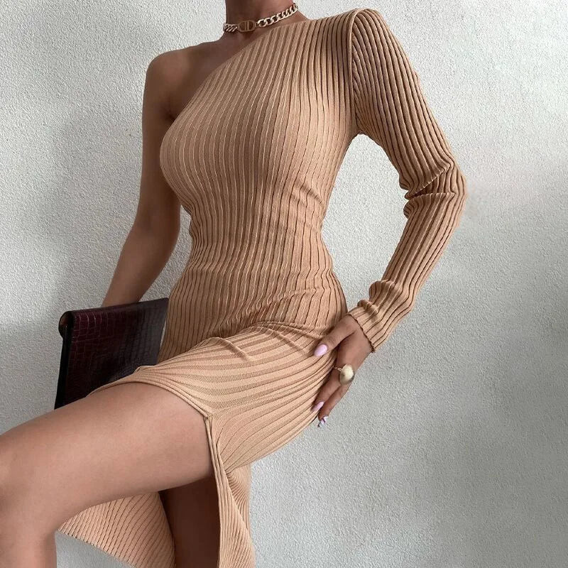 Sweater Knitted Diagonal Split Midi Dresses