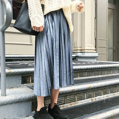Spring Long Metallic Silver Maxi Pleated Skirt Midi Skirt High Waist Elascity Party Skirt