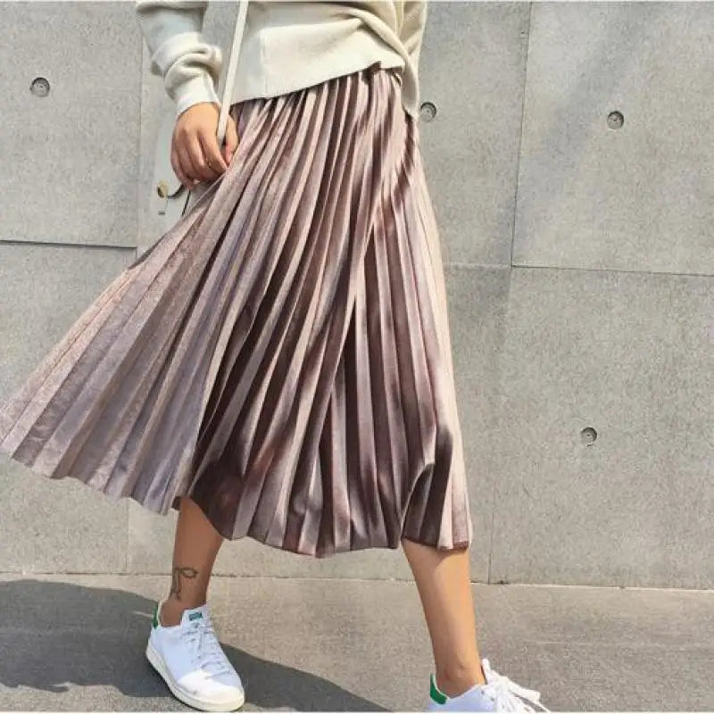 Metallic Silver Pleated High Waist Party Skirt Midi Dresses