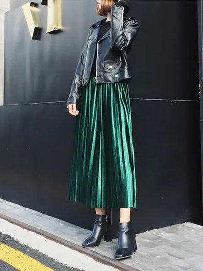 Spring Long Metallic Silver Maxi Pleated Skirt Midi Skirt High Waist Elascity Party Skirt
