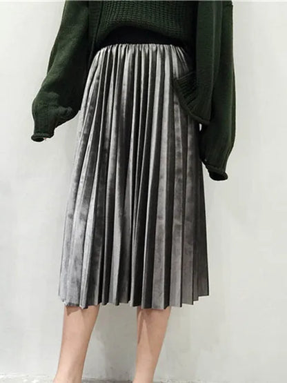 Spring Long Metallic Silver Maxi Pleated Skirt Midi Skirt High Waist Elascity Party Skirt