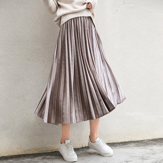 Spring Long Metallic Silver Maxi Pleated Skirt Midi Skirt High Waist Elascity Party Skirt