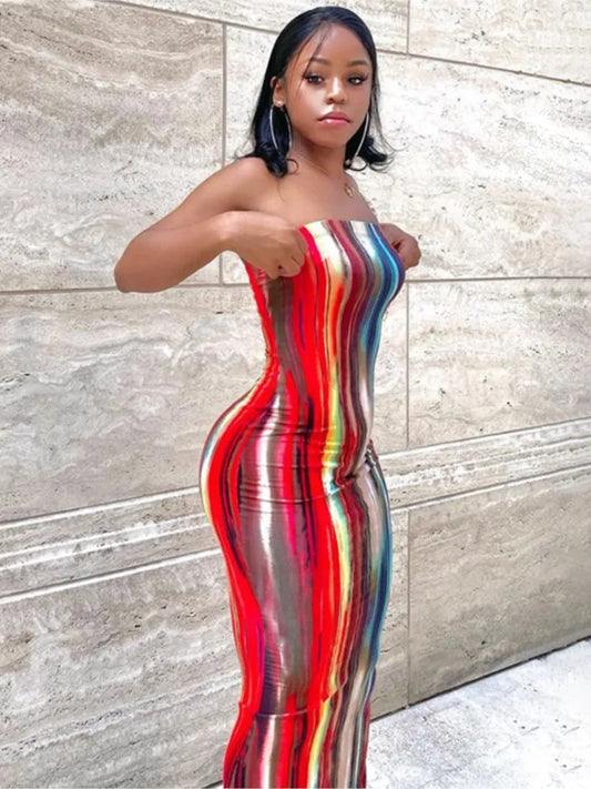 Spring and Summer Dresses for Chest Wrap Printed Off Shoulder Bandage Slim Long Dress New Party Mschuh