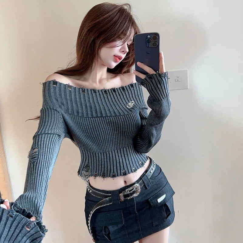 Spring Autumn Off Shoulder Hole Slim Knitted Sweater
