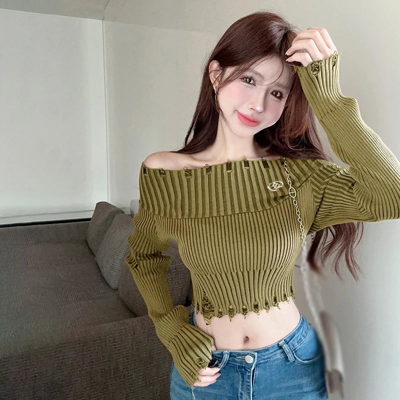Spring Autumn Off Shoulder Hole Slim Knitted Sweater