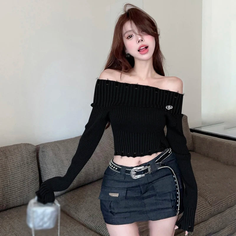 Spring Autumn Off Shoulder Hole Slim Knitted Sweater