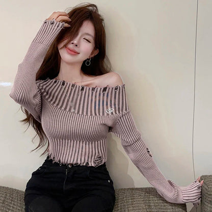 Spring Autumn Off Shoulder Hole Slim Knitted Sweater