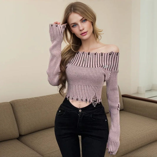 Spring Autumn Off Shoulder Hole Slim Knitted Sweater