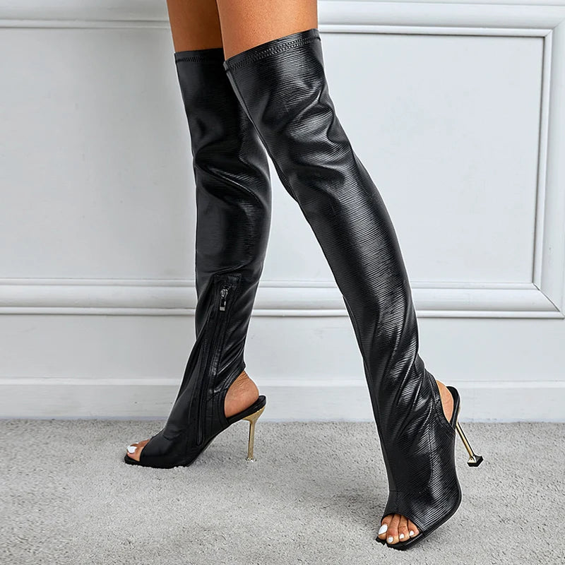 Spring Autumn Zip Metal Thin Heels Open Toe Leather Thigh High Over the Knee Boots Party Club Stripper Shoes