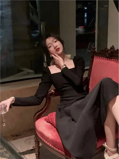 Spring Square Collar Black White Midi Dress
