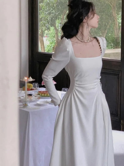 Spring Square Collar Black White Midi Dress