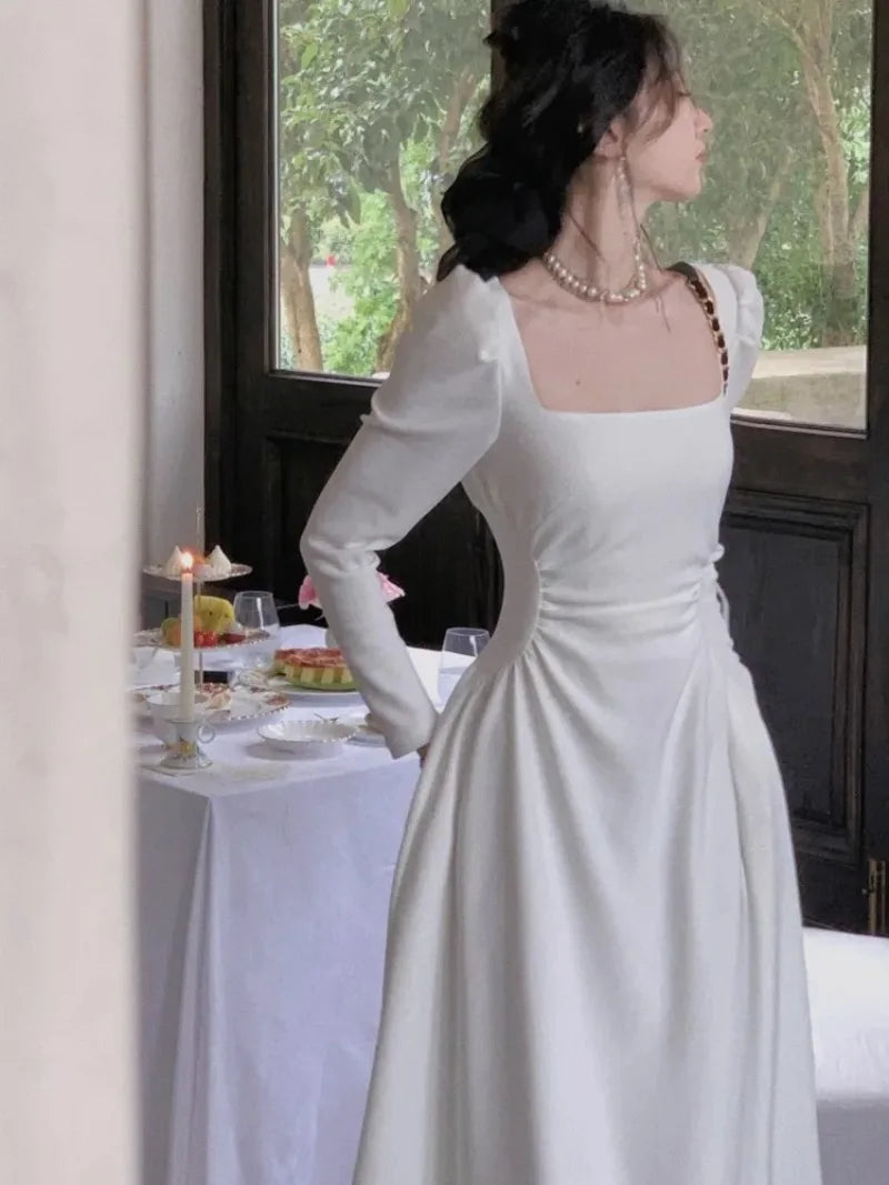 Spring Square Collar Black White Midi Dress