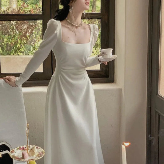 Spring Square Collar Black White Midi Dress