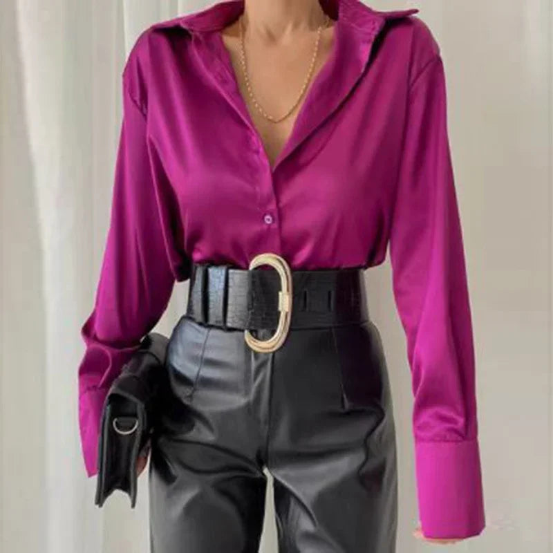 Satin Long Sleeve Blue Blouse