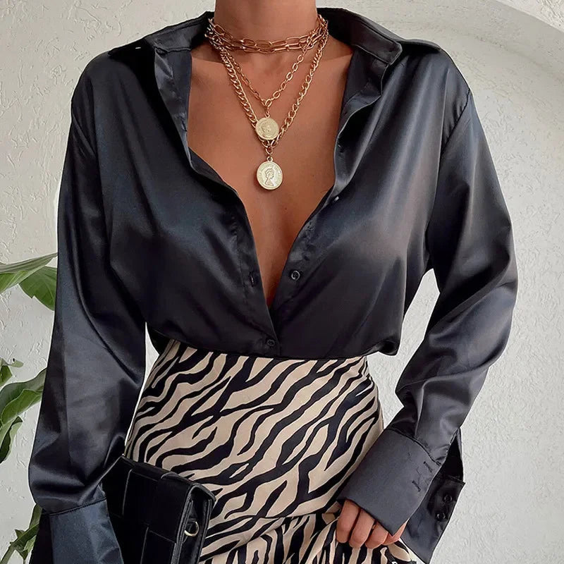 Satin Long Sleeve Blue Blouse