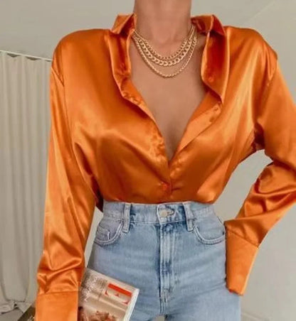 Satin Long Sleeve Blue Blouse