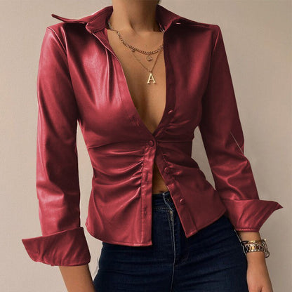 Pu Leather Patchwork Blouse