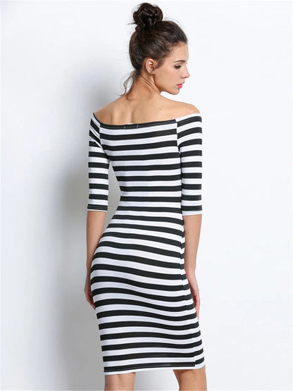 Spring Summer Woman Size Stripe Off Shoulder Long Midi Dresses