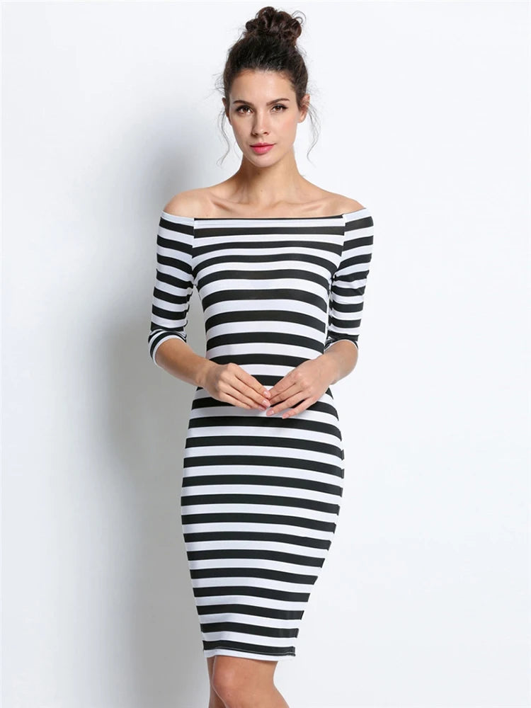 Spring Summer Woman Size Stripe Off Shoulder Long Midi Dresses