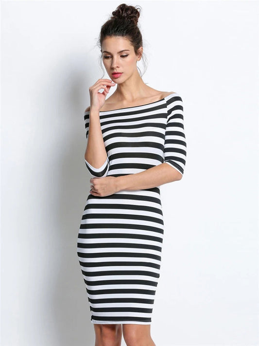 Spring Summer Woman Size Stripe Off Shoulder Long Midi Dresses