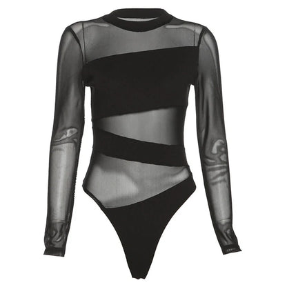 Spring Summer New Cut Cross Hollow Mesh Jumpsuit Long-sleeved Thin O Neck Diagonal Black Charming Bodysuit Clubwear