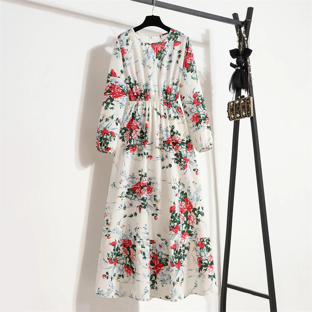 Spring Maxi Full Printed O-neck Woman Bohe Party Midi Dresses