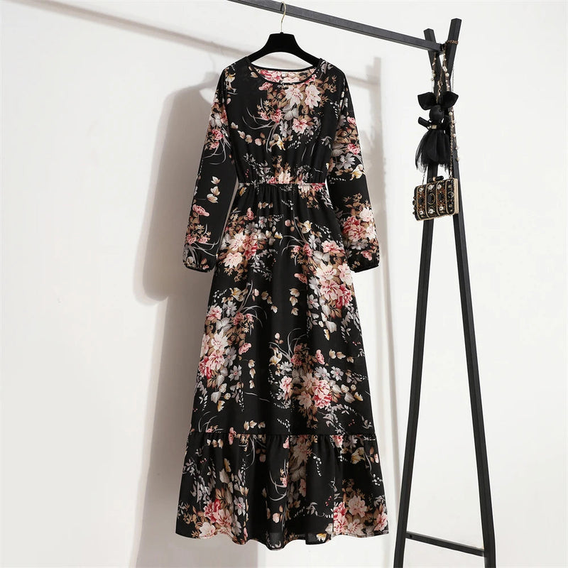 Spring Maxi Full Printed O-neck Woman Bohe Party Midi Dresses