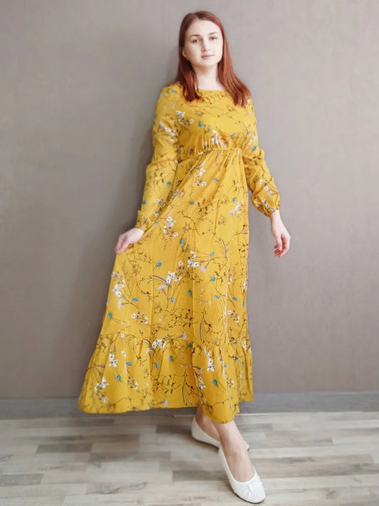 Spring Maxi Full Printed O-neck Woman Bohe Party Midi Dresses