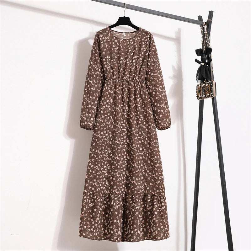 Spring Maxi Full Printed O-neck Woman Bohe Party Midi Dresses
