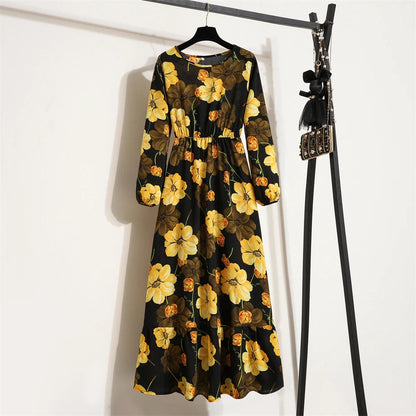 Spring Maxi Full Printed O-neck Woman Bohe Party Midi Dresses