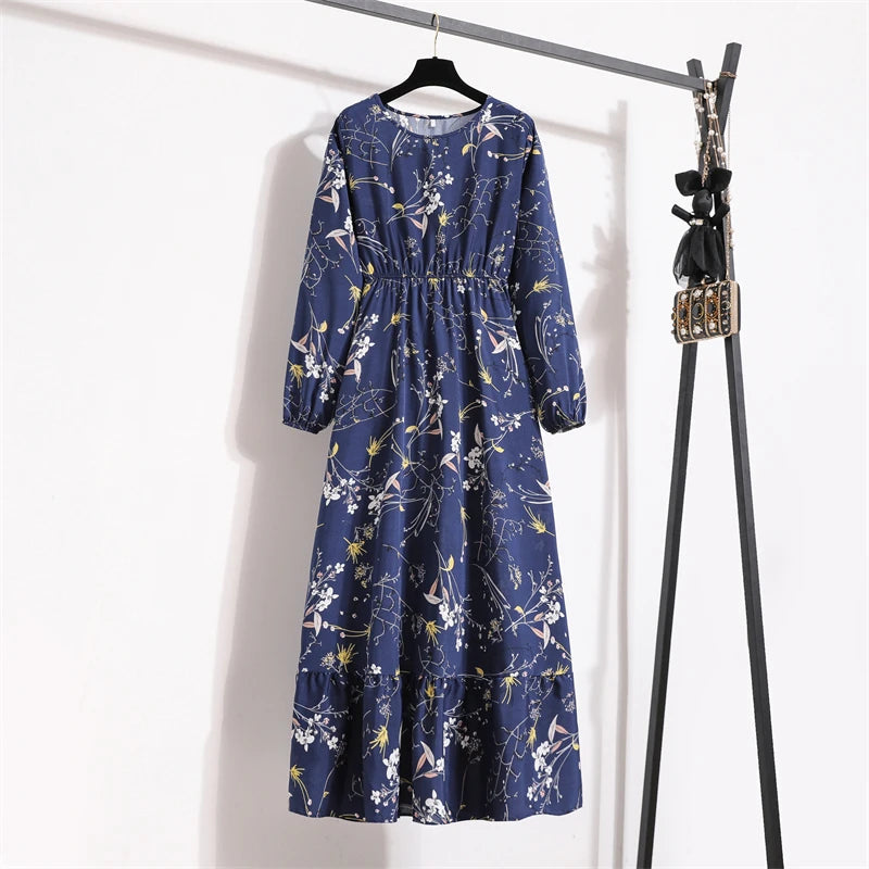 Spring Maxi Full Printed O-neck Woman Bohe Party Midi Dresses