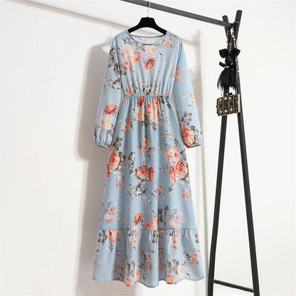 Spring Maxi Full Printed O-neck Woman Bohe Party Midi Dresses