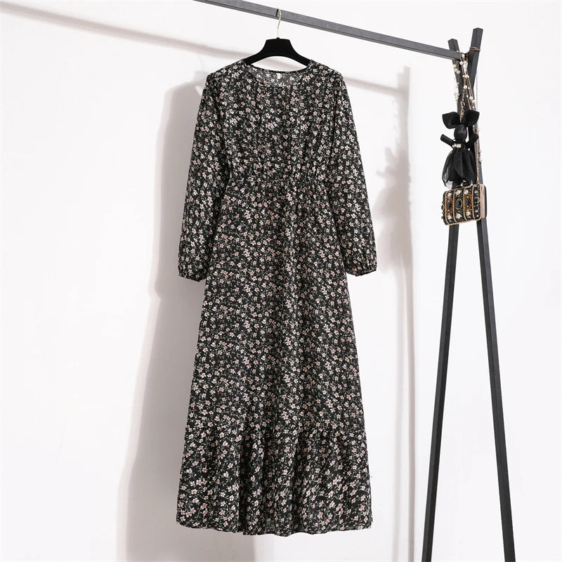 Spring Maxi Full Printed O-neck Woman Bohe Party Midi Dresses