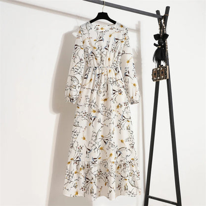Spring Maxi Full Printed O-neck Woman Bohe Party Midi Dresses