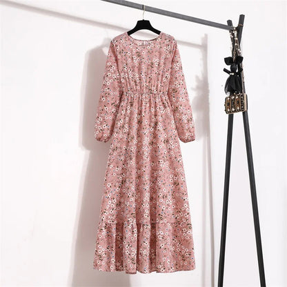 Spring Maxi Full Printed O-neck Woman Bohe Party Midi Dresses