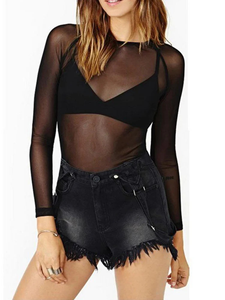 Spring Summer Long Sleeve Black Mesh Top Blouses Transparent Punk Club Shirt Tees Beach Tops
