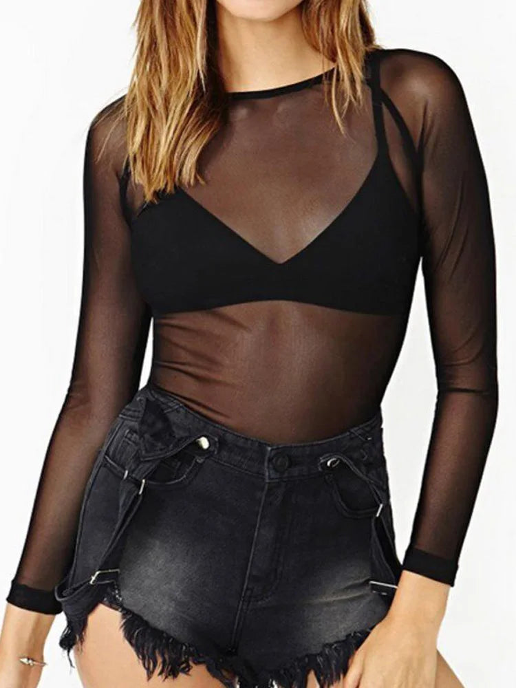 Spring Summer Long Sleeve Black Mesh Top Blouses Transparent Punk Club Shirt Tees Beach Tops