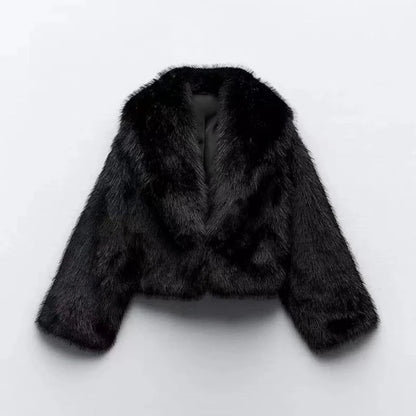 Spring Winter Cropped Faux Open Front Lapel Fluffy Plush Coat