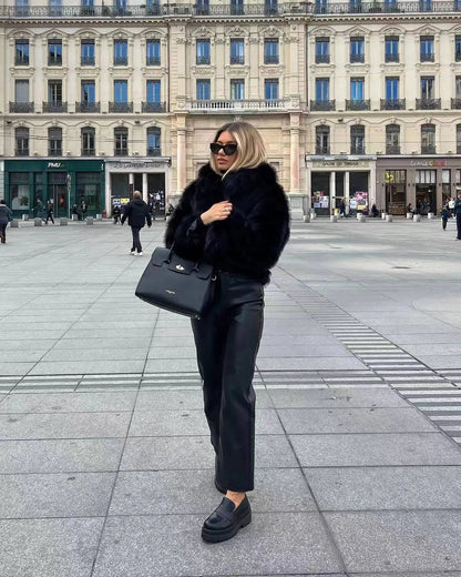 Spring Winter Cropped Faux Open Front Lapel Fluffy Plush Coat