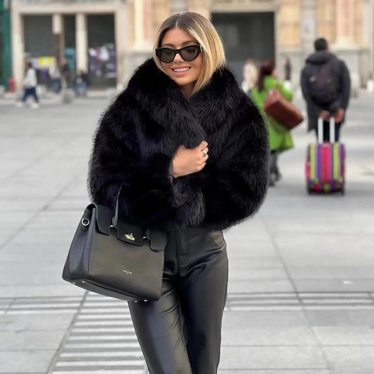 Spring Winter Cropped Faux Open Front Lapel Fluffy Plush Coat