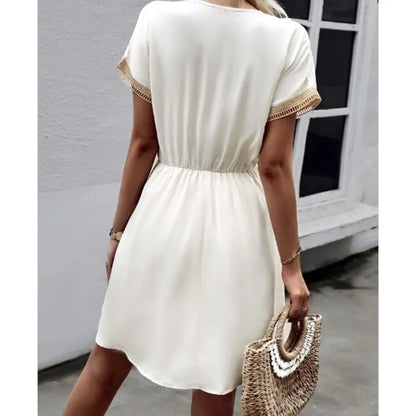 Fresh Sweet Short Lace V-neck Waist Panel Skirt Midi Dresses