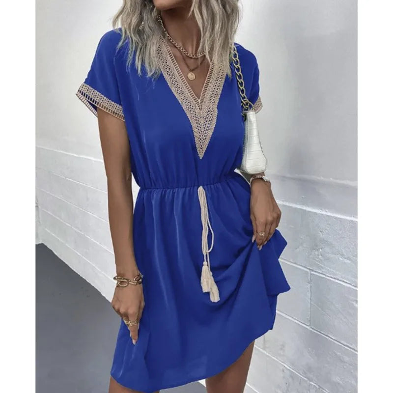 Fresh Sweet Short Lace V-neck Waist Panel Skirt Midi Dresses