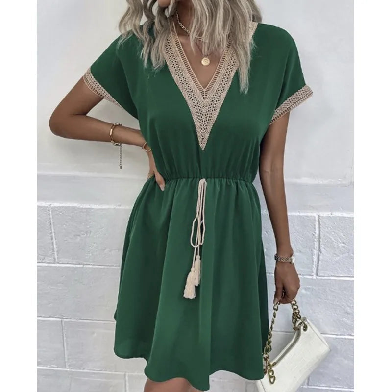 Fresh Sweet Short Lace V-neck Waist Panel Skirt Midi Dresses