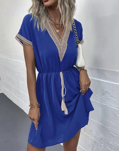 Fresh Sweet Short Lace V-neck Waist Panel Skirt Midi Dresses