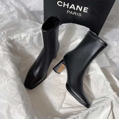 Square Ankle Comfortable Soft Leather High Heel Zipper Ankle Boot